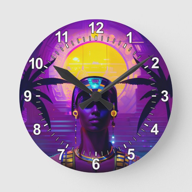 Synthwave Pharaoh Runde Wanduhr (Vorderseite)
