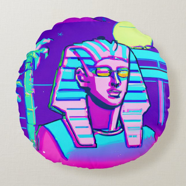 Synthwave Pharaoh Rundes Kissen (Vorderseite)