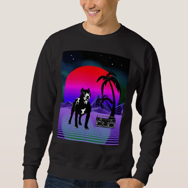 Synthwave Pitbull Dog Retro Boom Box Sweatshirt (Vorderseite)