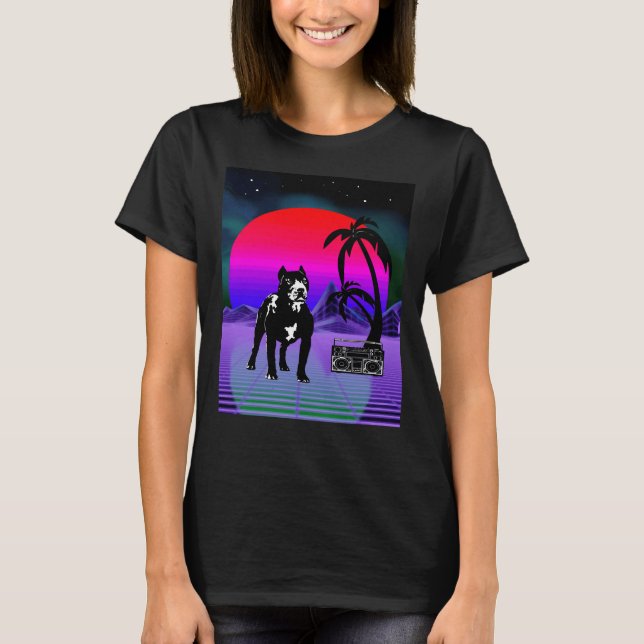 Synthwave Pitbull Dog Retro Boom Box T-Shirt (Vorderseite)