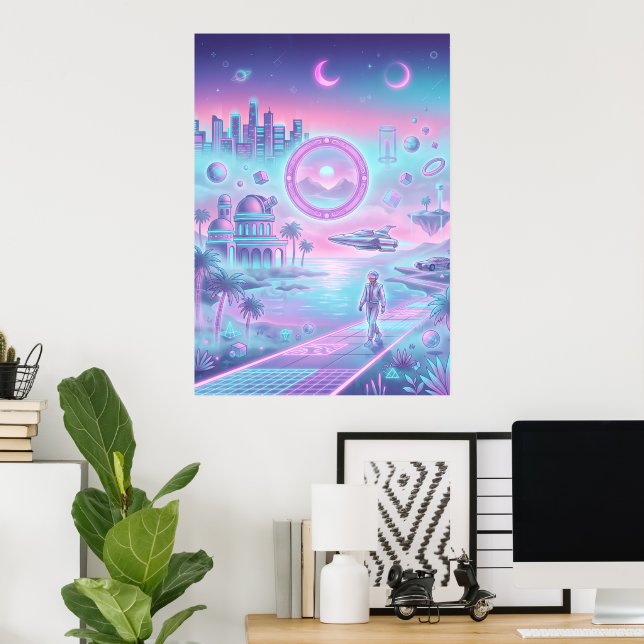 Synthwave Poster der futuristischen Stadt | Neon S (Heimbüro)