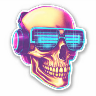 Synthwave-Schädel mit Sonnenbrille und Kopfhörer Aufkleber