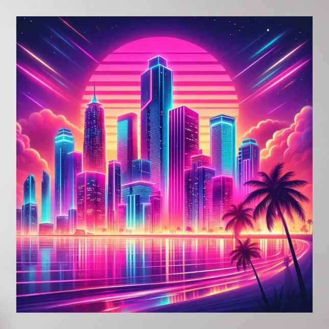 Synthwave Serenity: Neon Sunset Cityscape Poster (Vorne)