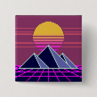 Synthwave-Sonnenuntergang über Pyramiden-Pixelart- Button