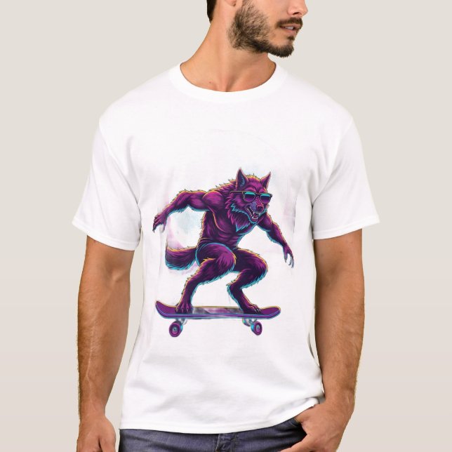 Synthwave Werewolf Skateboarder T-Shirt (Vorderseite)