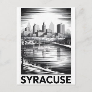 Syracuse New York Skyline Schwarz Weiß Holzschnitt Feiertagspostkarte