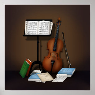 Szene mit Cello und Notenständer Poster