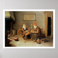 T31883 Ein Interieur mit einer alten Frau beim Spi