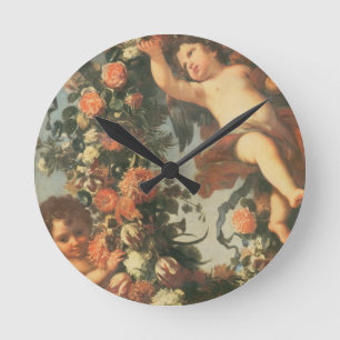 T32714 zwei Putti, das eine Blumen-Girlande stütz Runde Wanduhr