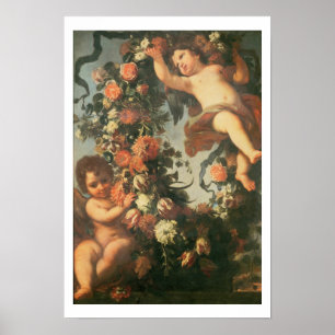 T32714 Zwei Putti, die eine Blume Garland unterstü Poster