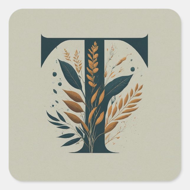 T Botanische Monogramm Quadratischer Aufkleber (Vorderseite)