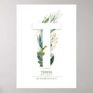 T Buchstabe Monogramm Gold Grünzeug Elegant Poster