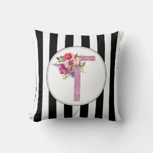 T, Floral Monogramm initial, Aquarellfarben-Blume Kissen