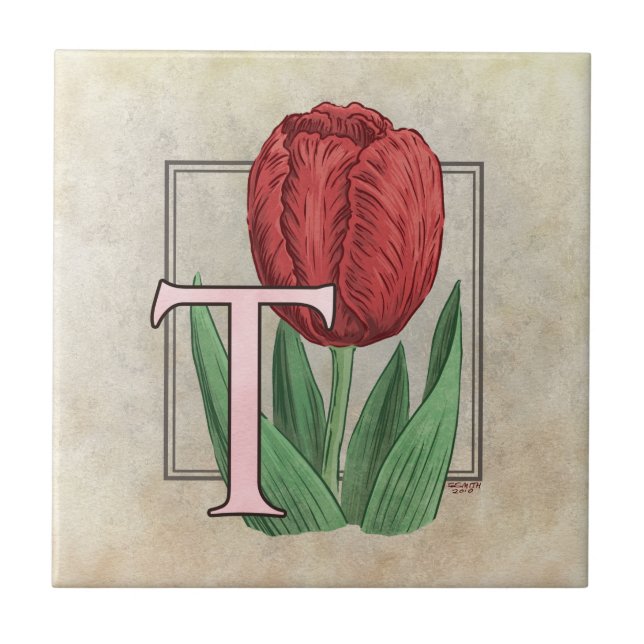 T für Tulip Blume Floral Monogram Art Fliese (Vorderseite)