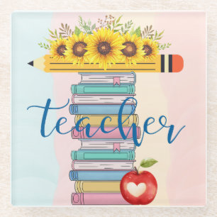T ist für Lehrer Floral Bleistift Bücher Apple Glasuntersetzer