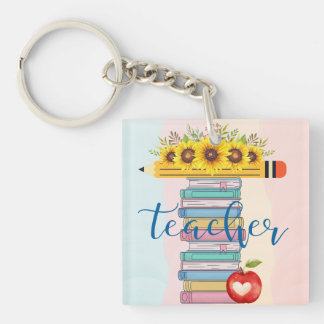 T ist für Lehrer Floral Bleistift Bücher Apple Schlüsselanhänger