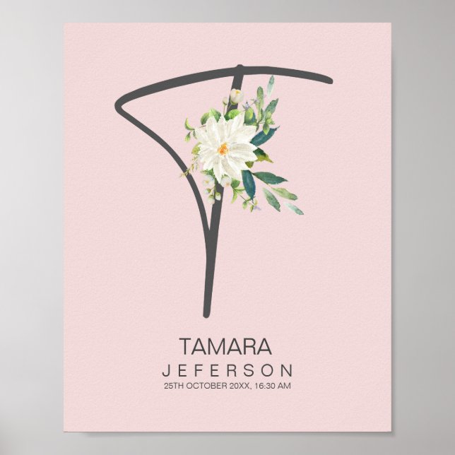 T Letter Monogram Blush Floral Decor Poster (Vorne)