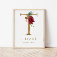 T Letter Monogram Name Marsala Floral Kinderzimmer