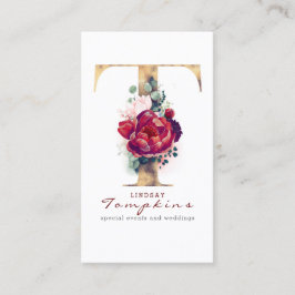 T Monogram Burgundy Red Blume und Gold Glitzer Visitenkarte