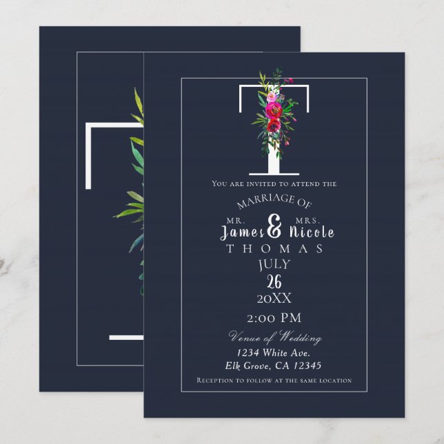 T Monogram letzte erste Hochzeit mit moderner Blau Einladung (Vorne/Hinten)