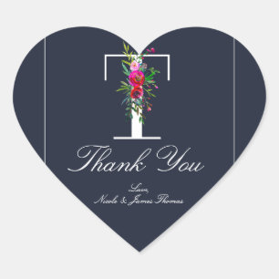 T Monogram letzte erste Hochzeit mit moderner Blau Herz-Aufkleber