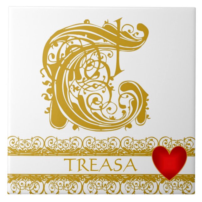 T Monogram Name Gold Lace Red Heft Template Tile Fliese (Vorderseite)