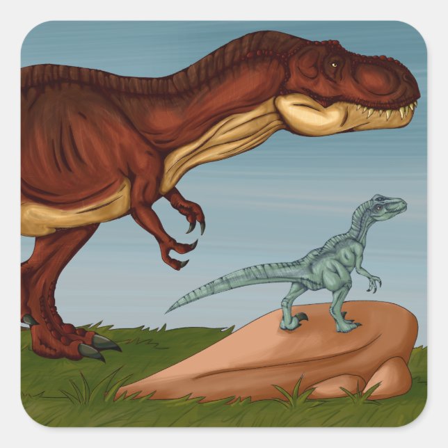 T-Rex and Velociraptor Quadratischer Aufkleber (Vorderseite)