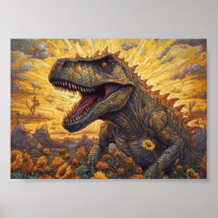 T-rex auf einem Sonnenblumenfeld Poster