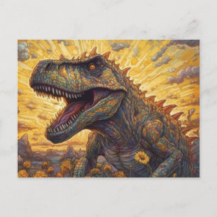 T-rex auf einem Sonnenblumenfeld Postkarte
