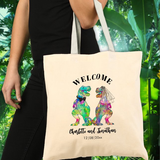 T-Rex Bride und Groom Dinosaur Hochzeit Willkommen Tragetasche (Colorful T-Rex bride and groom dinosaur themed wedding welcome tote bag)
