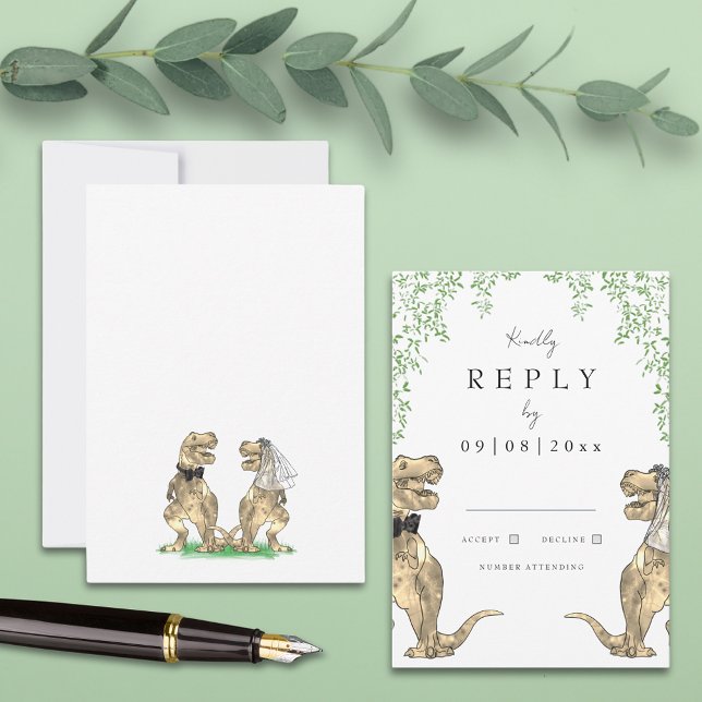 T-Rex Bride und Groom Dinosaur Hochzeitsantwort RSVP Karte (Dinosaur theme wedding invitation rsvp enclosure card with eucalyptus watercolor botanicals)
