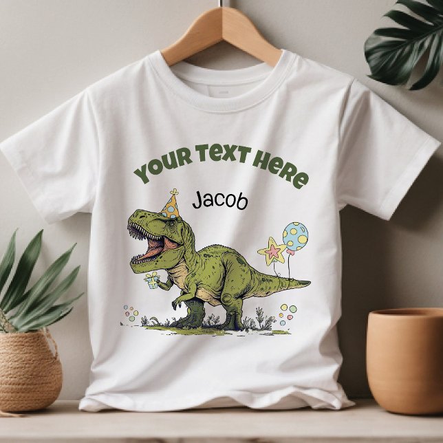 T-Rex Cute Dinosaur Theme Party Custom Name & Text Kleinkind T-shirt (Cute funny cartoon T-Rex dinosaur theme custom text name kids birthday party or adoption day t-shirt)