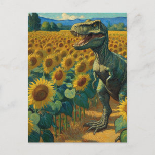 T-Rex Dino im Sonnenblumenfeld Van Gogh Postkarte
