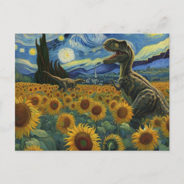 T-Rex Dinos in Van Gogh Starry Night Sonnenblumen Postkarte (Vorderseite)