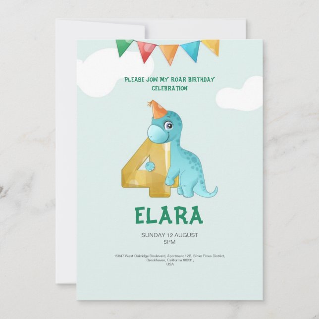 T-Rex Dinosaur 4. Geburtstag Einladung Kinder Part (Vorderseite)