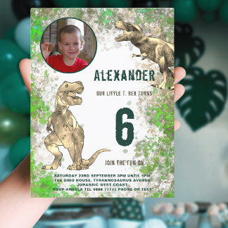 T-Rex Dinosaur 6. Geburtstagsparty Foto Budget Einladungspostkarte