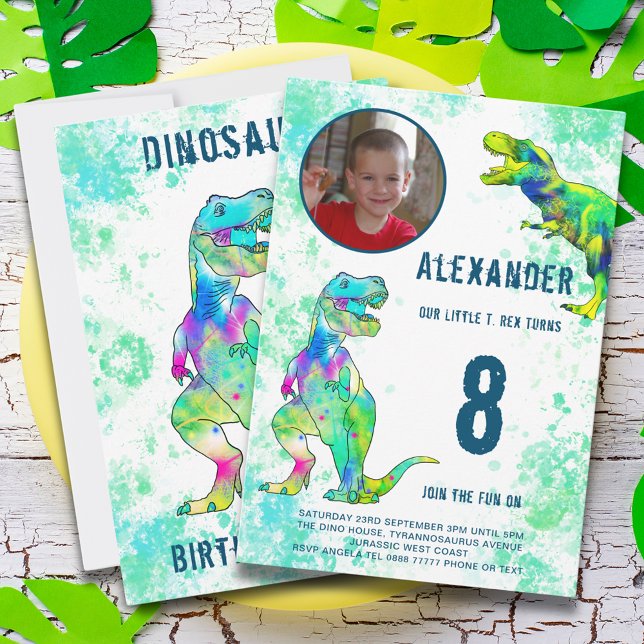 T-Rex Dinosaur 8. Geburtstagsparty Einladung (T-Rex dinosaur 8th birthday party invitation with photo template & colorful watercolor tyrannosaurus)