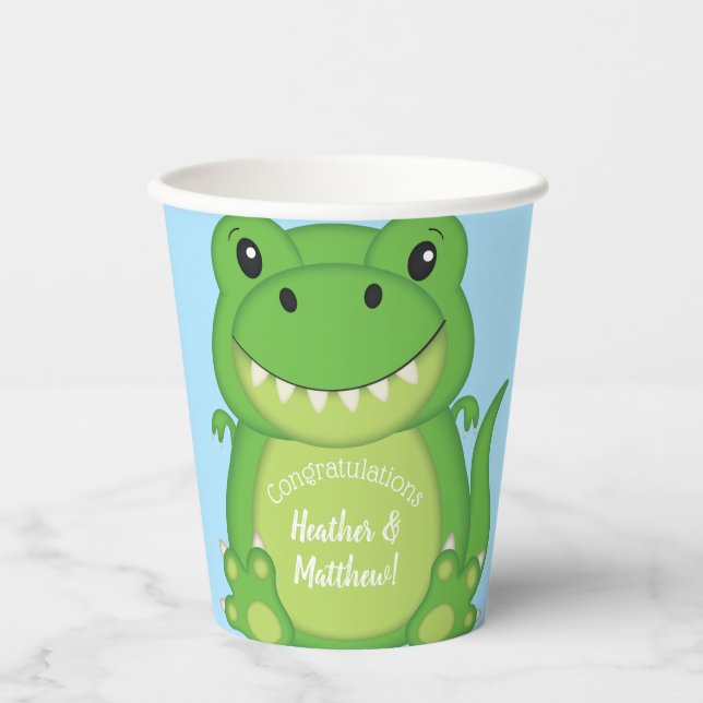 T-Rex Dinosaur Babydusche blau Pappbecher (Vorderseite)