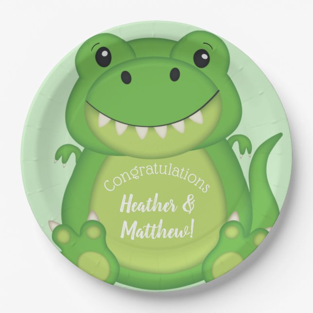 T-Rex Dinosaur Babydusche Grün Pappteller (Vorderseite)