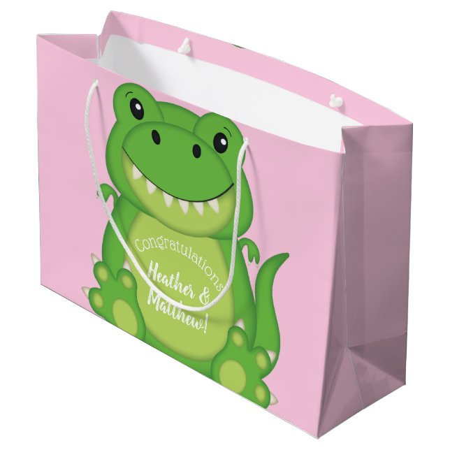 T-Rex Dinosaur Babydusche Pink Große Geschenktüte (Rückseite Schrägansicht)