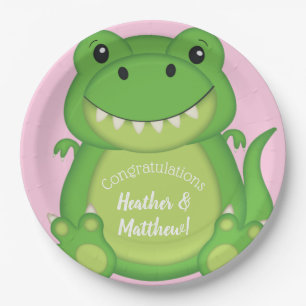 T-Rex Dinosaur Babydusche Pink Pappteller