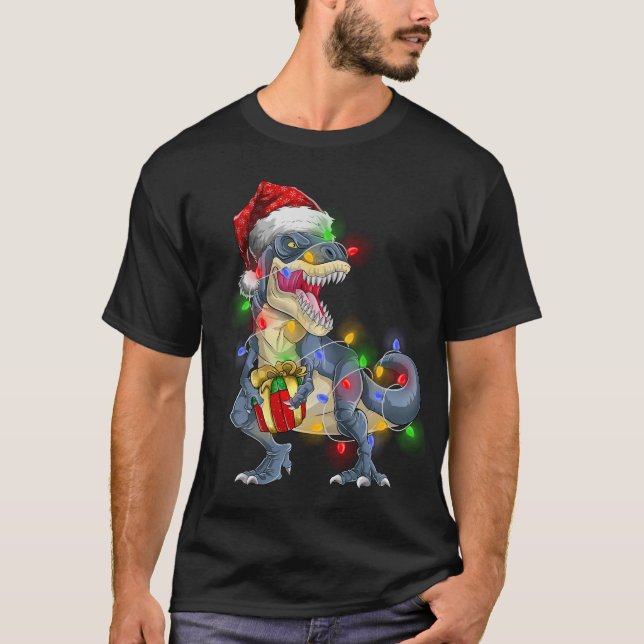 T Rex Dinosaur Frohe Weihnachtslicht Weihnachtsman T-Shirt (Vorderseite)