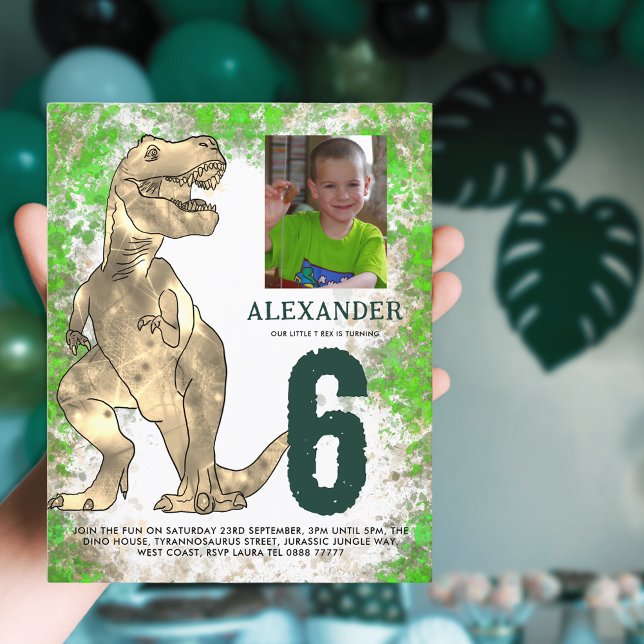 T-Rex Dinosaur Geburtstagspartei Haushalt (T-Rex dinosaur 6th birthday party budget invitation with photo template and watercolor splash jungle)