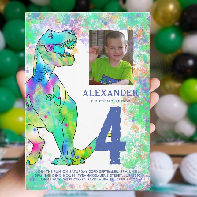 T-Rex Dinosaur Geburtstagsparty Foto Einladung (Colorful T-Rex dinosaur 4th birthday party invitation with kids photo)