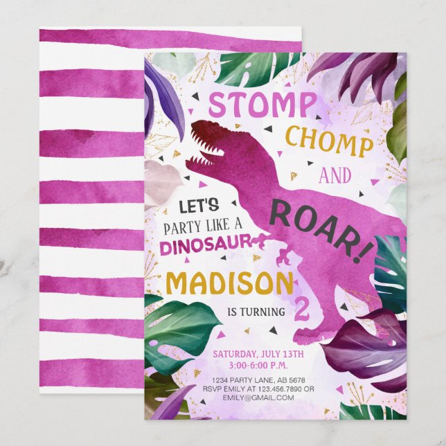 T Rex Dinosaur Girl Birthday Einladung (Vorne/Hinten)