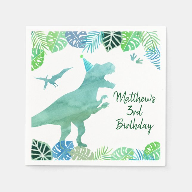 T-Rex Dinosaur Greenery Birthday Serviette (Vorderseite)