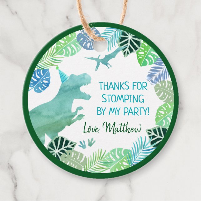 T-Rex Dinosaur Greenery Birthday Vielen Dank Geschenkanhänger (Vorderseite)