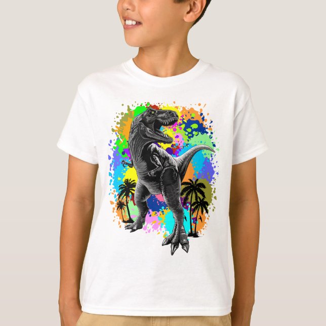 T-Rex Dinosaur Jurassic Reptile auf Paint Stains T-Shirt (Vorderseite)