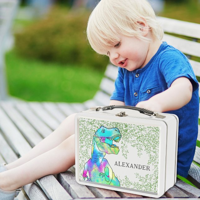 T-Rex Dinosaur Kids Name Metall Brotdose (Dinosaur custom name lunchbox with colorful T-Rex and Jurassic jungle foliage)