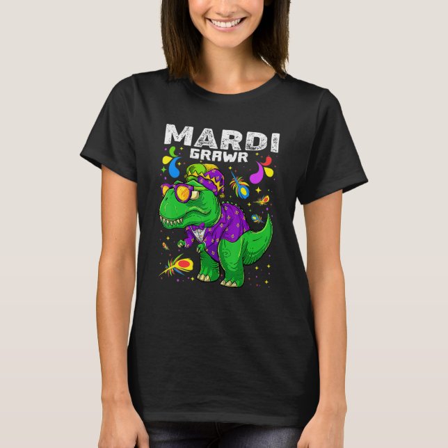 T Rex Dinosaur Mardi Gras Bead Costume Mardi Grawr T-Shirt (Vorderseite)